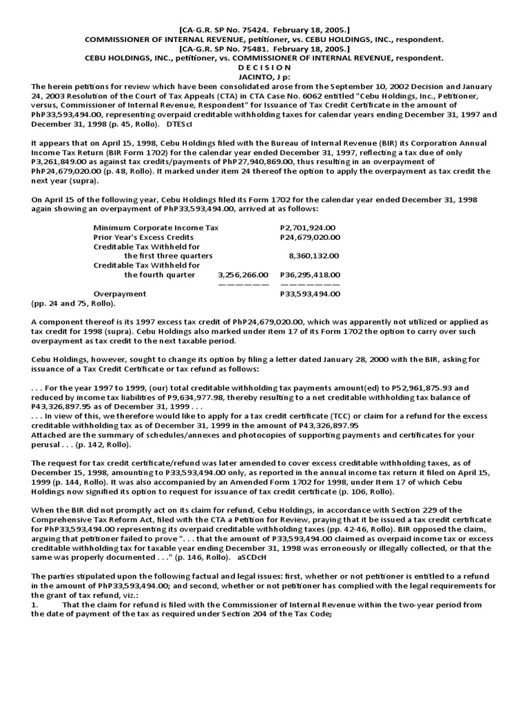CIR vs. Cebu Holdings, Inc. PDF Tax Refund Taxes