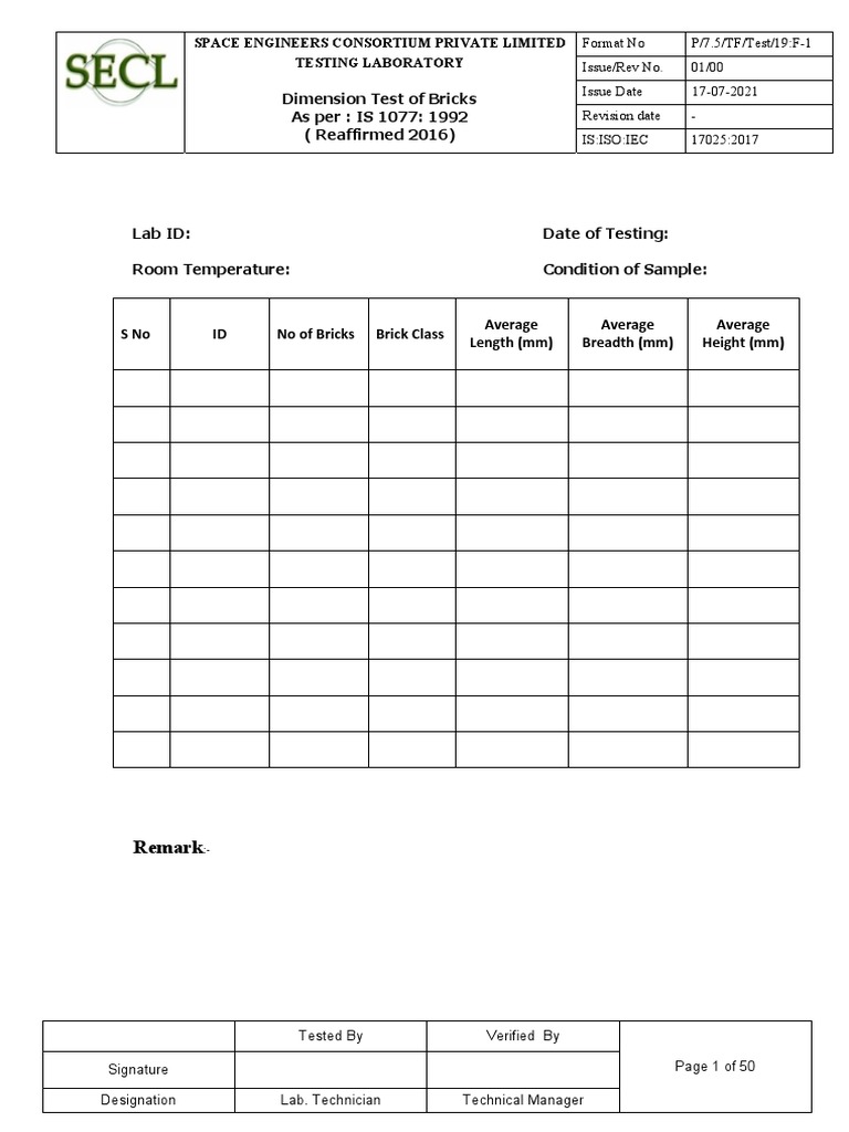 Dimension Test of Bricks PDF