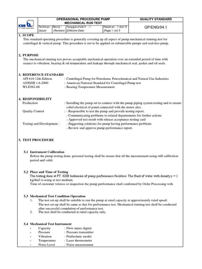 Mechrun Test Procedure PDF Pump Valve