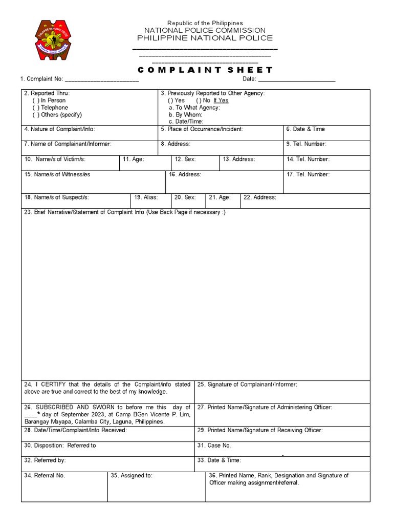A. Blank Complaint Sheet 2023 | PDF | Crimes | Crime & Violence