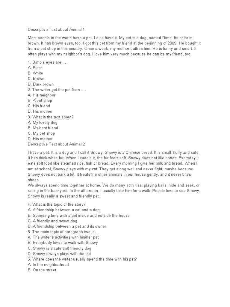 Descriptive text about animal 1 pdf animals and humans