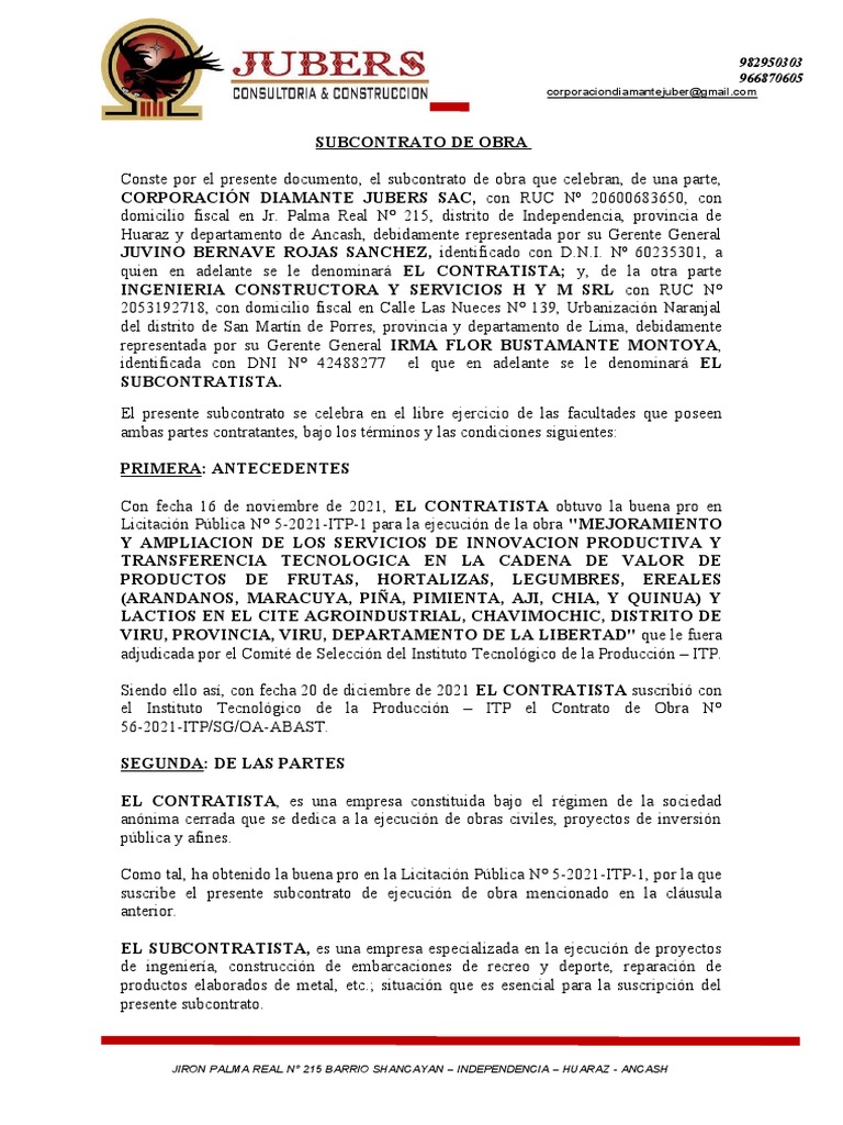 Subcontrato de Suministro, Instalacion y Montaje de Tuberia de Sistema ...