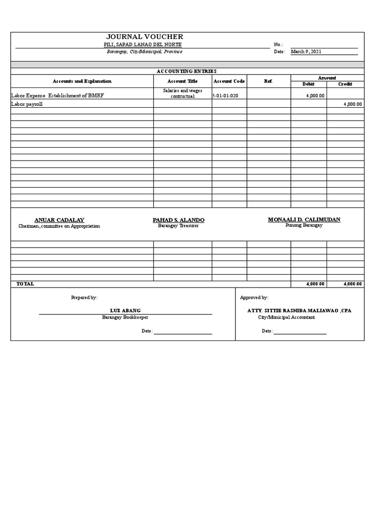 Journal Voucher Sample for Labor Expense | PDF