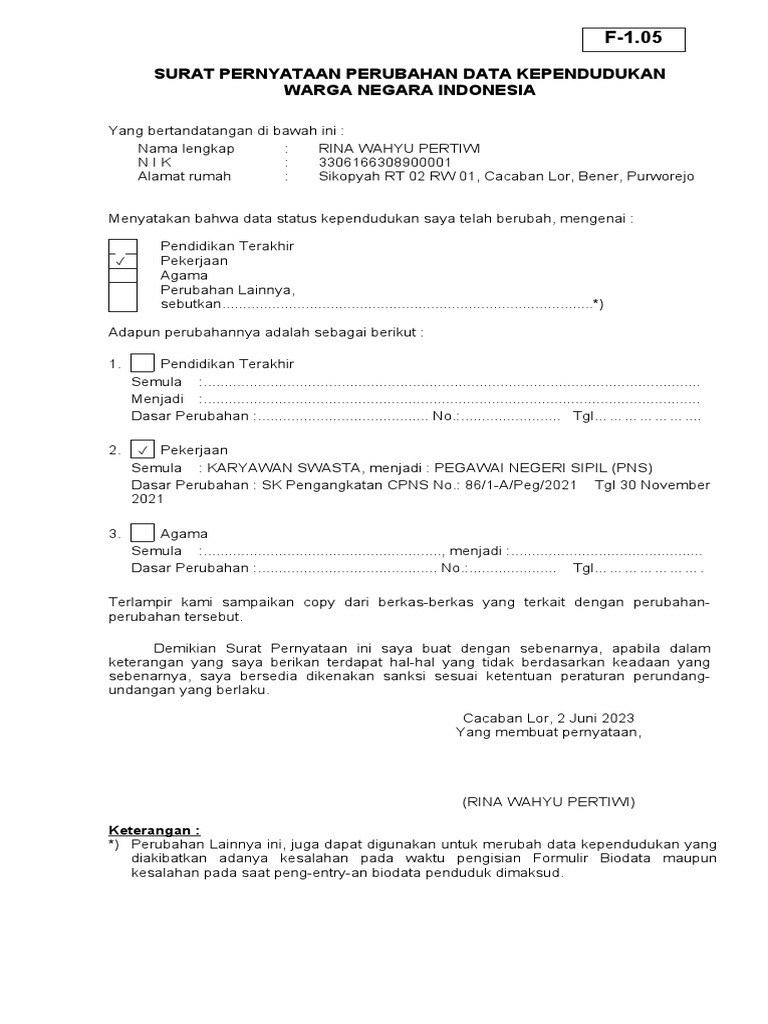 Formulir F-1.05 Perubahan Data | PDF