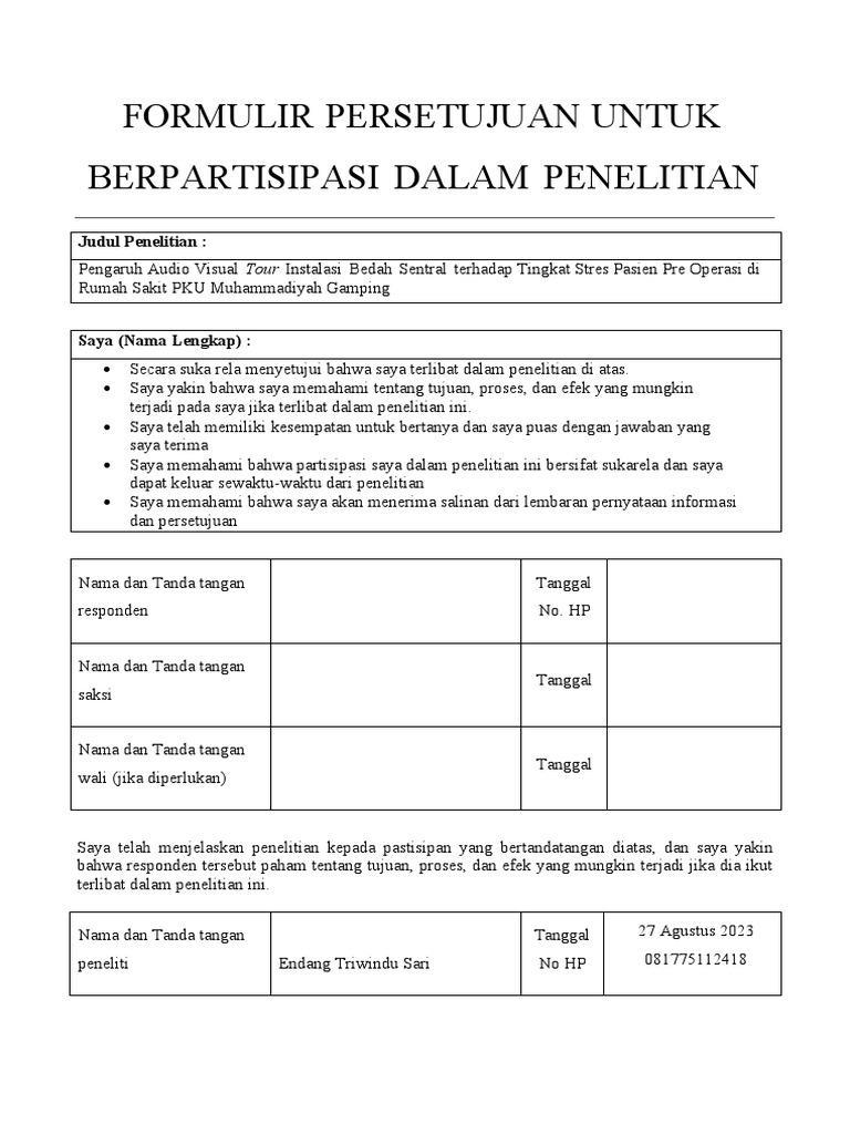 Contoh Formulir Informed Consent Penelitian | PDF