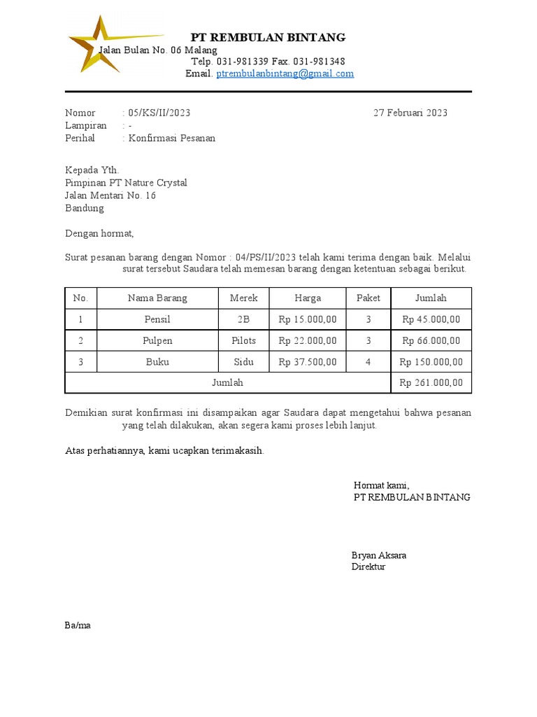 04 Surat Konfirmasi Pesanan Aprinn | PDF