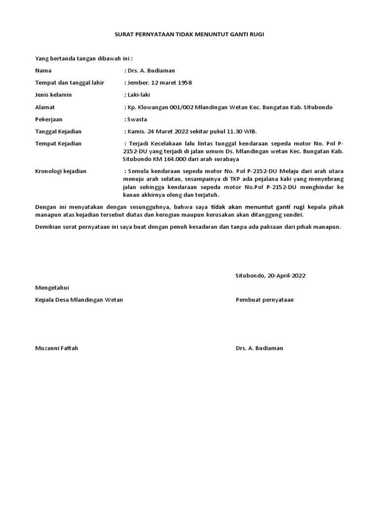 Surat Pernyataan Tidak Menuntut Ganti Rugi Pdf