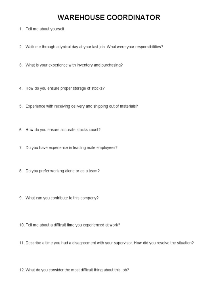 Interview Questions For Warehouse Coordinator Pdf