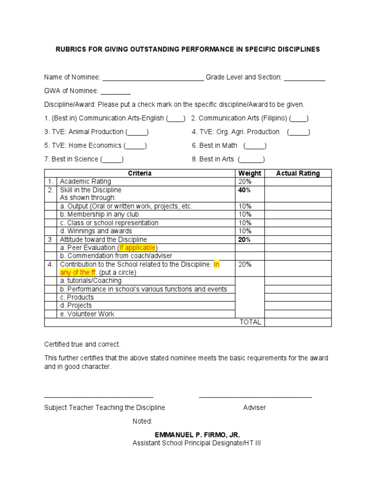 Outstanding Performance Awards Rubric | PDF | Career & Growth | Business