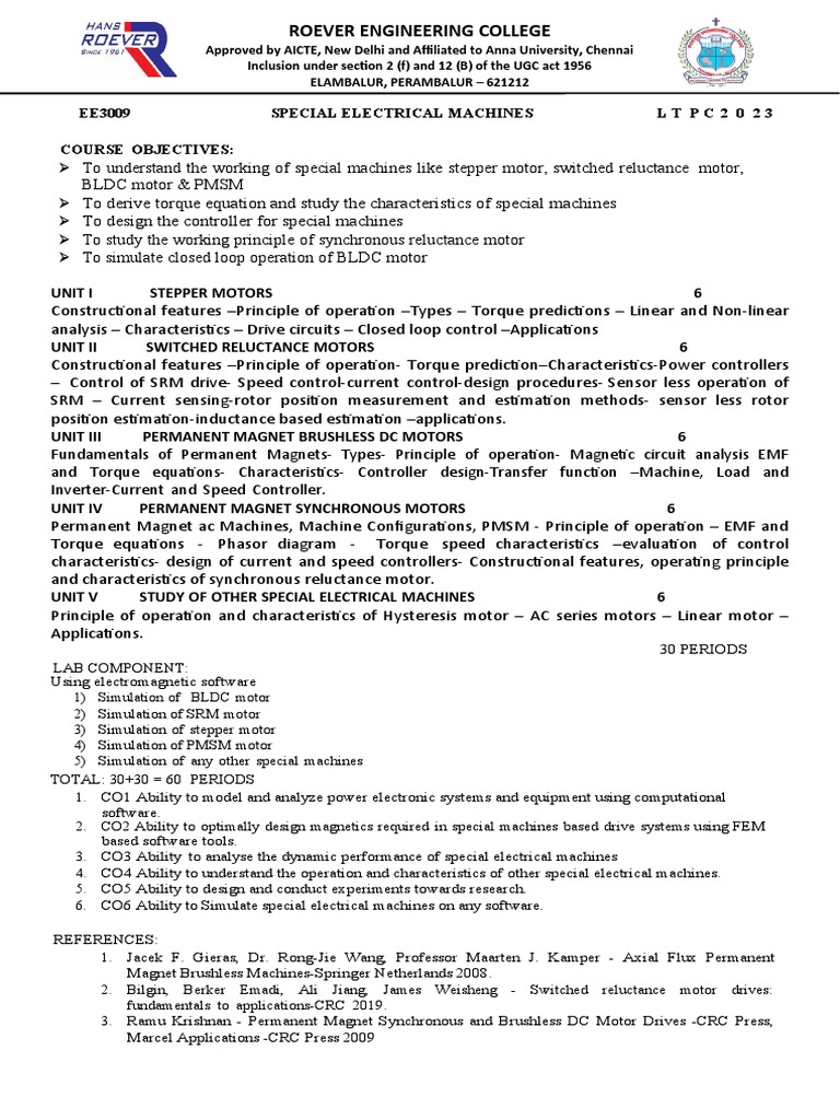 EE3009 Special Electrical Machines Syllabus | PDF | Electric Motor ...