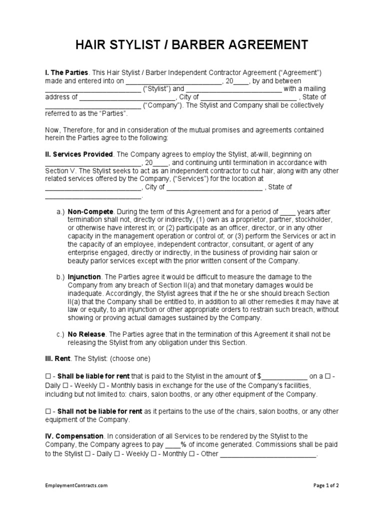 Hair Stylist Barber Independent Contractor Agreement PDF Breach Of