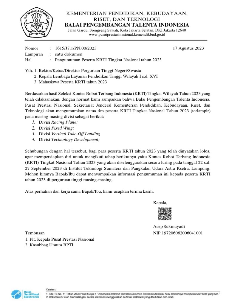 Pengumuman Peserta KRTI 2023 Nasional | PDF
