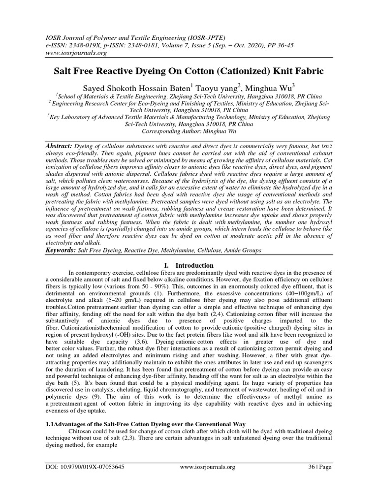 Salt Free Reactive Dyeing On Cotton (Cationized) Knit Fabric | PDF ...