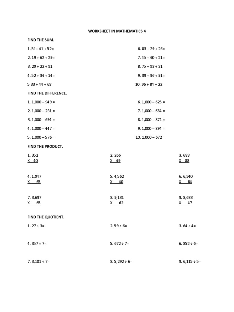 Math Worksheet: Sums, Differences, Products | PDF