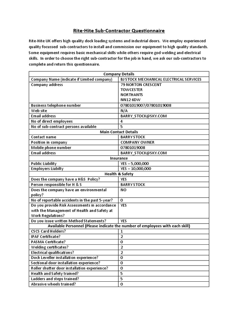 RH UK SubContractor Questionnaire PDF Occupational Safety And