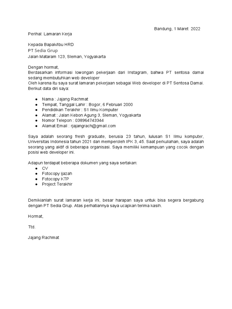 Contoh Surat Lamaran Kerja Untuk Fresh Graduate Pdf