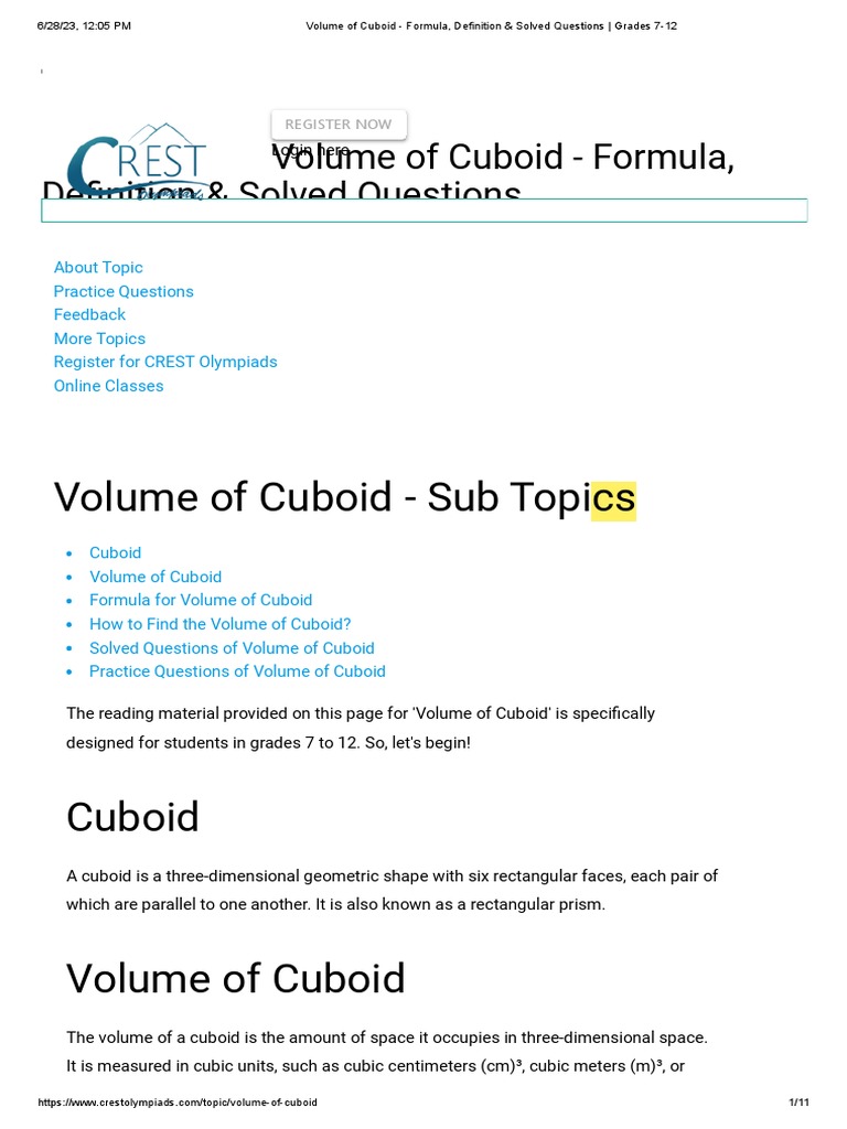 Volume of Cuboid - Formula, Definition & Solved Questions - Grades 7-12 ...