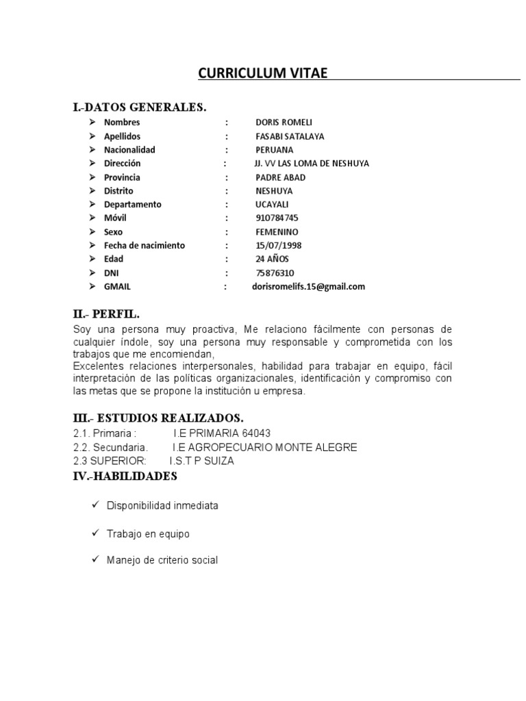 Curriculum Vitae de Doris Romeli Fasabi | PDF