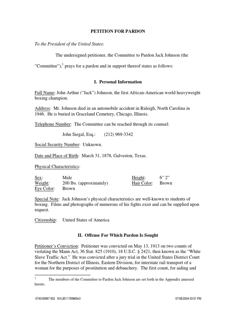 Pardon Petition for Jack Johnson | PDF | Pardon | Prosecutor