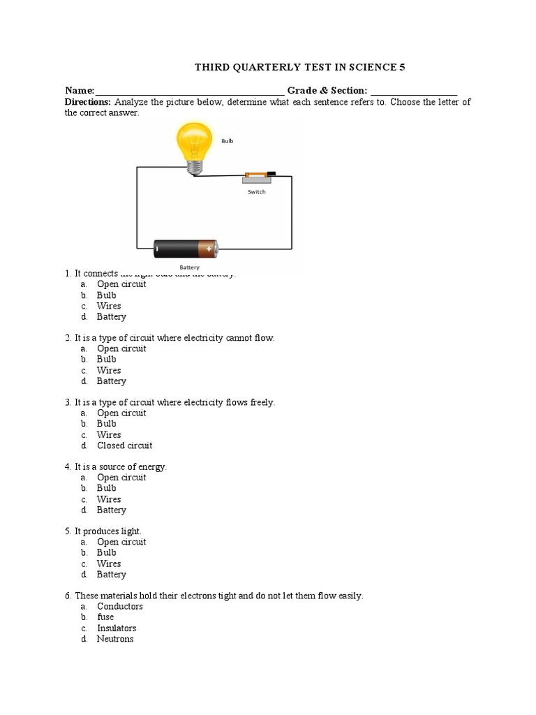 Science 5 Quarterly Test: Circuits & Light | PDF | Electrical Conductor ...