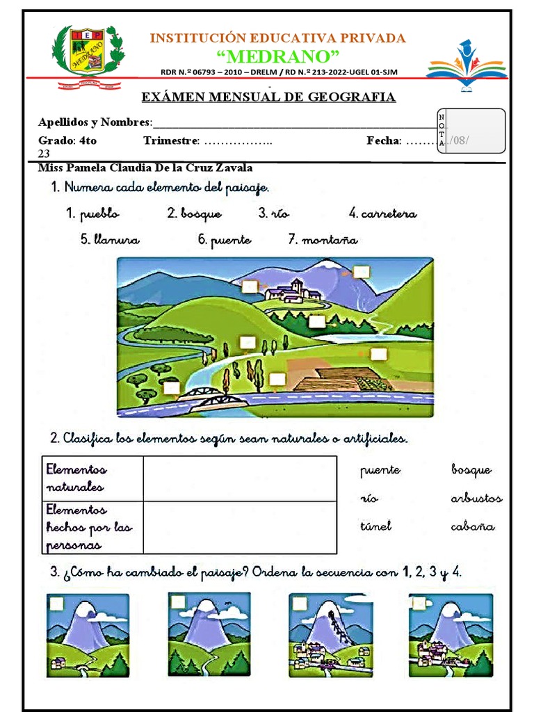 Examen Mensual de Geografía 4to Grado | PDF