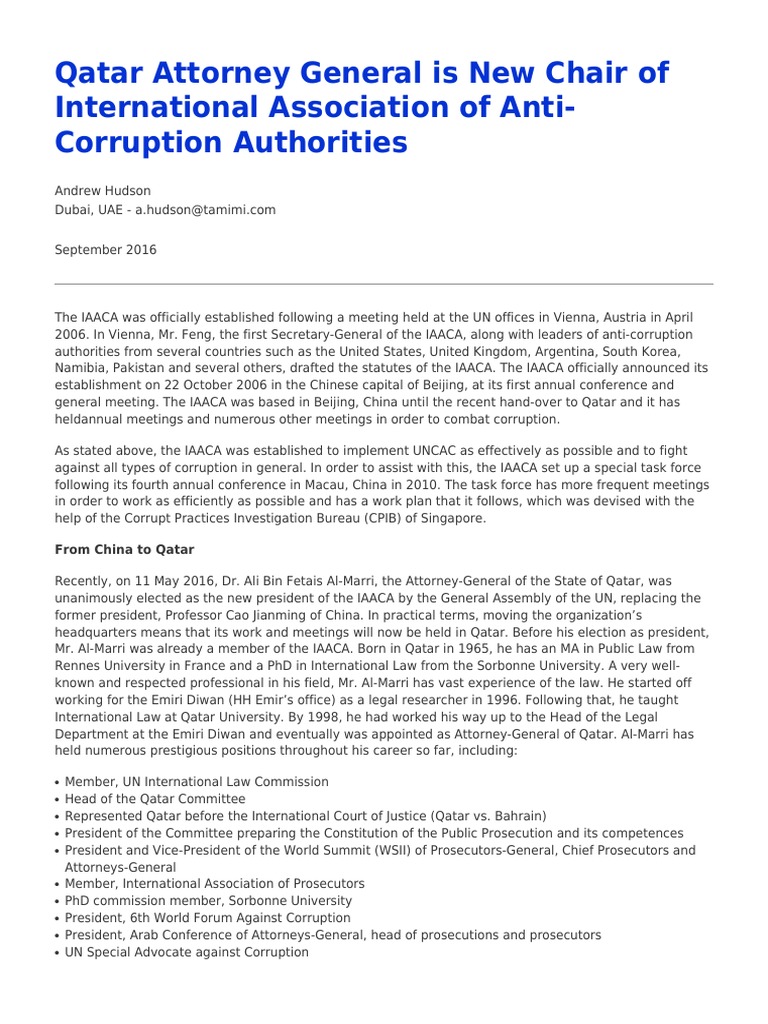 Qatar Attorney General Is New Chair of International Association of