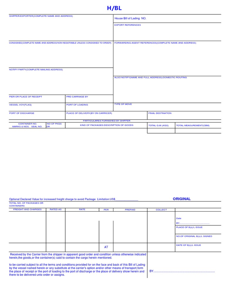 Export Bill of Lading Template | PDF | Cargo | Bill Of Lading