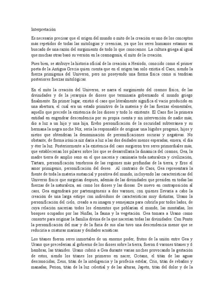 Interpretación Mito PDF Mitos de la creación Mitología griega