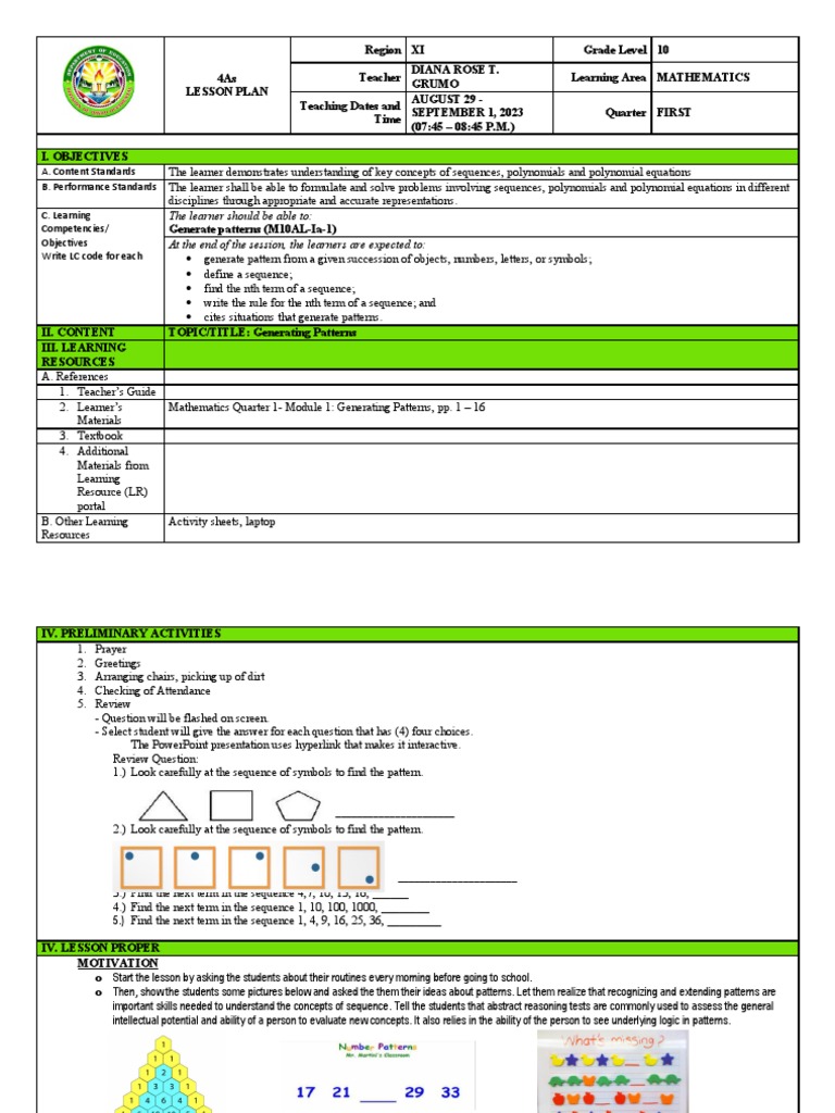 Grade 10 Lesson Plan: Generating Patterns | PDF | Numbers | Sequence