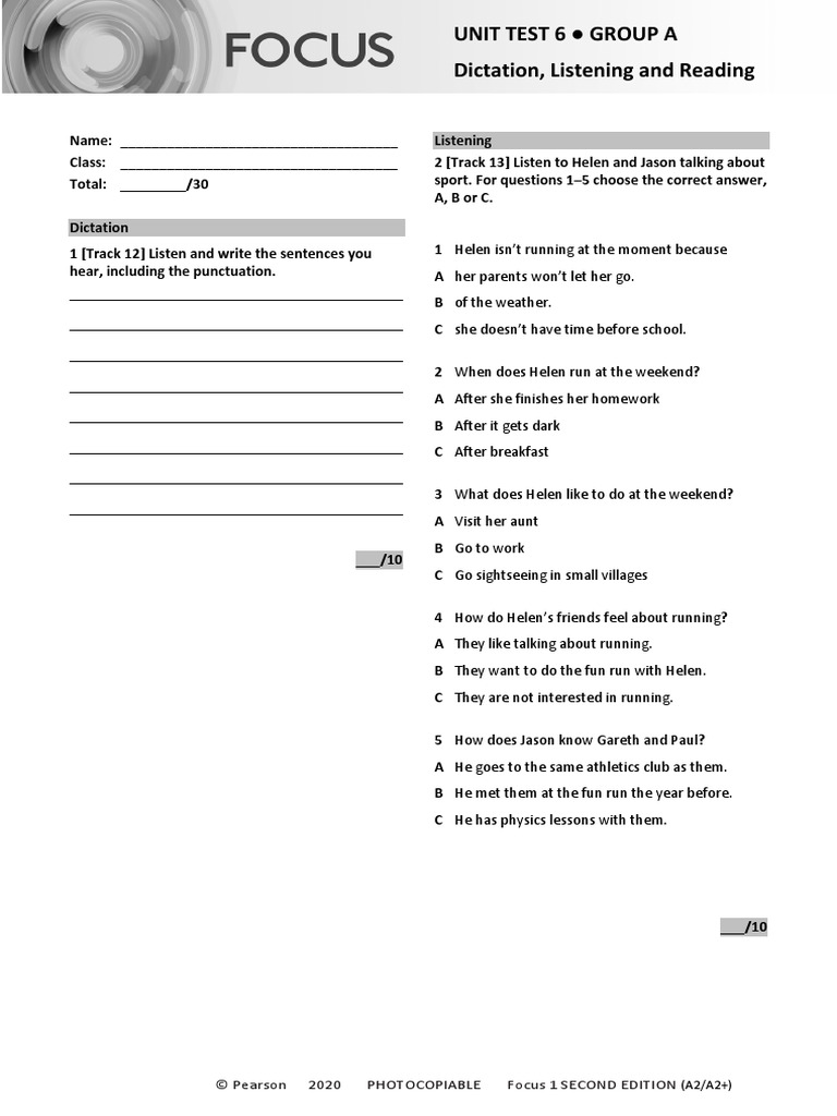 Focus1 2E Unit Test Dictation Listening Reading Unit6 GroupA | PDF ...