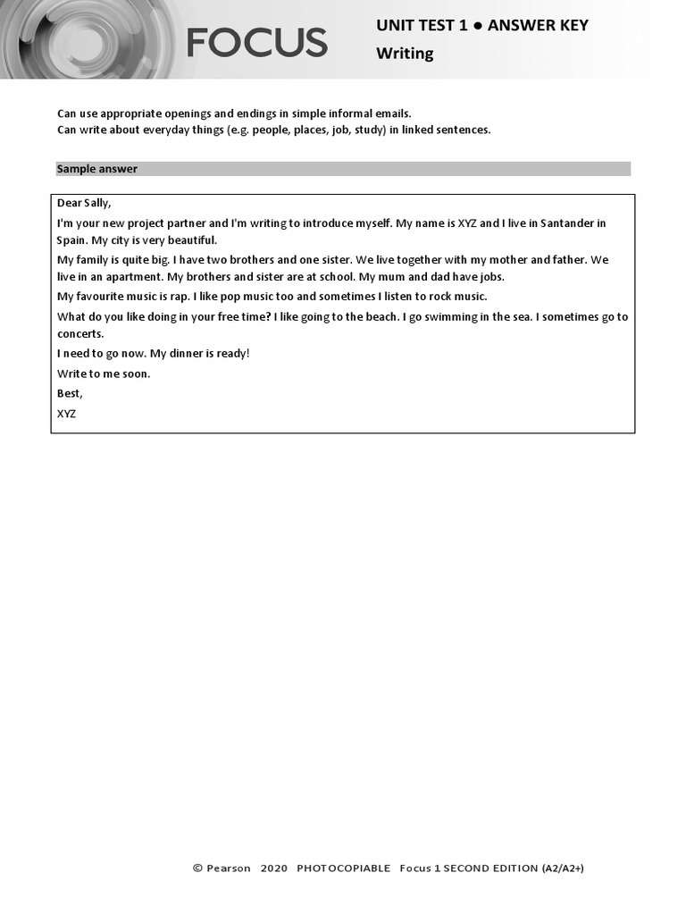 Focus1 2E Unit Test Writing Unit1 ANSWERS | PDF | Accuracy And ...