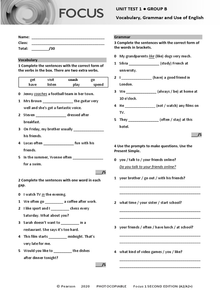 Focus1 2E Unit Test Vocabulary Grammar UoE Unit1 GroupB | PDF | Linguistics