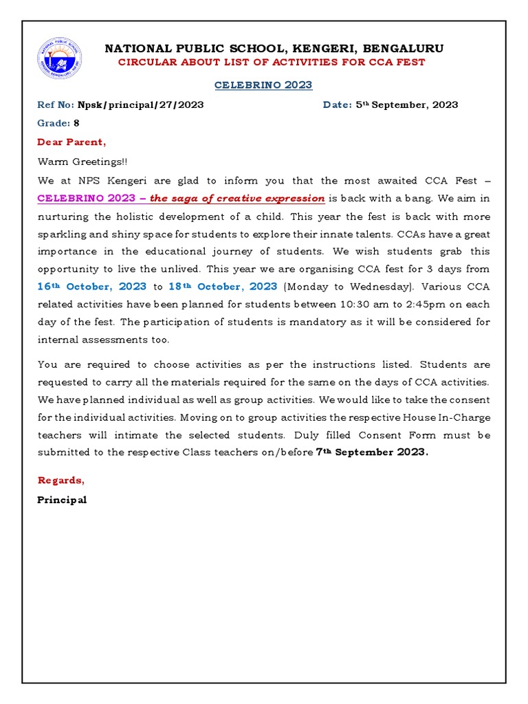 National Public School Kengeri Bengaluru Circular About List Of