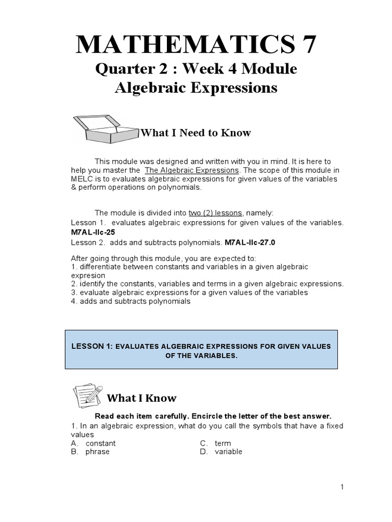 Algebra Module for Grade 7 Students | PDF | Teaching Methods ...