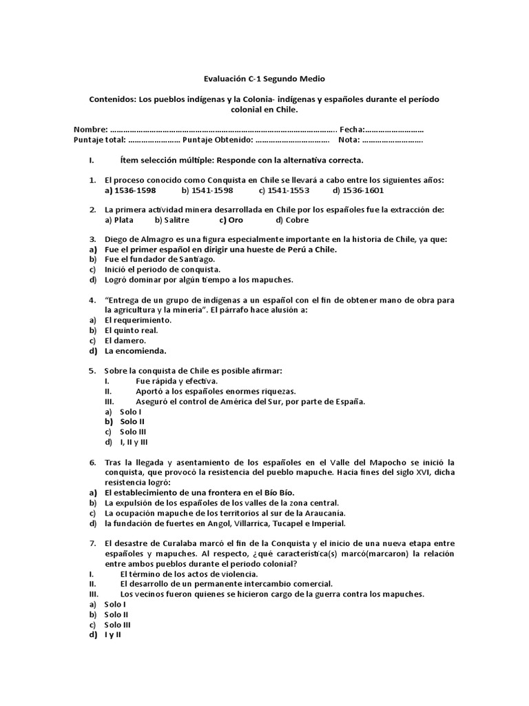 Evaluación sobre la Colonia en Chile | PDF | Nueva españa | Chile