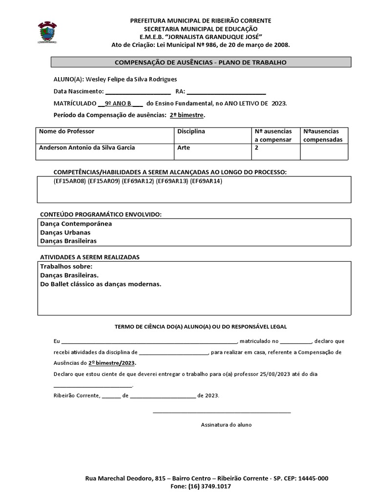 Modelo - Plano de Trabalho de Compensação de Ausências | PDF