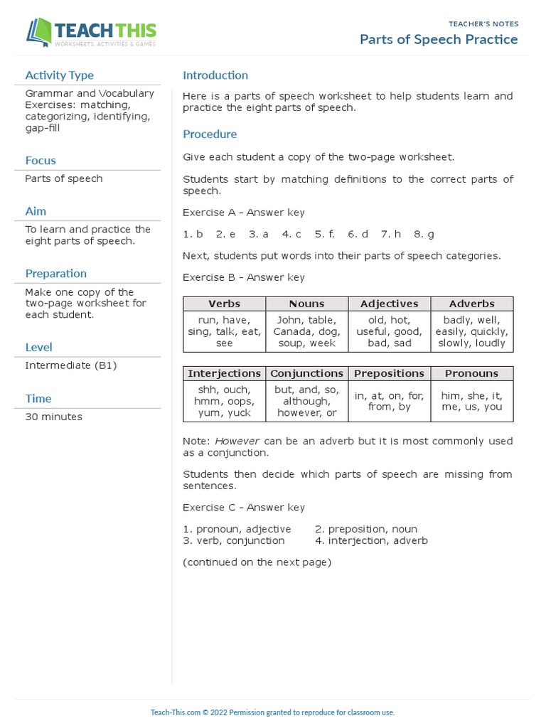 Parts of Speech Practice Worksheet | PDF | Part Of Speech | Adverb