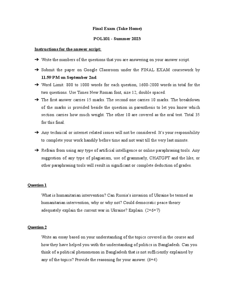 Pol101 Final Question Summer 2023 Pdf