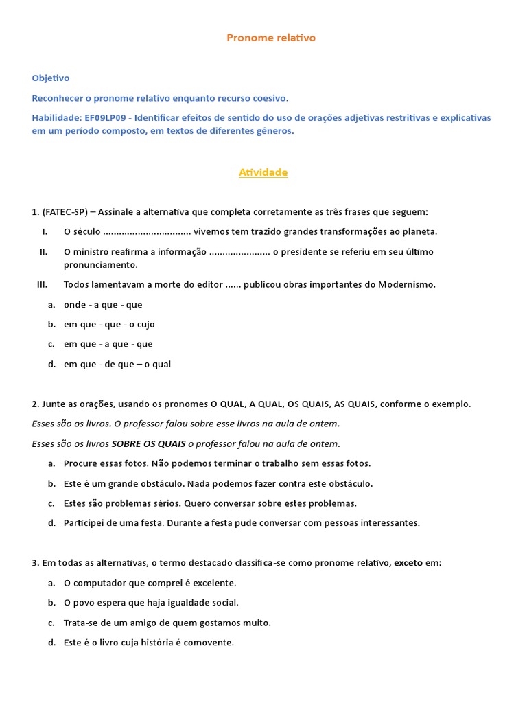 Uso de Pronomes Relativos em Frases | PDF | Bono | Pronome
