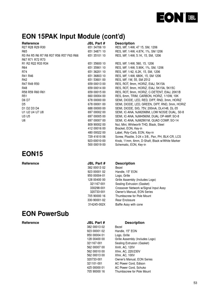 JBL EON 15 G2 Parts List | PDF | Electrical Engineering