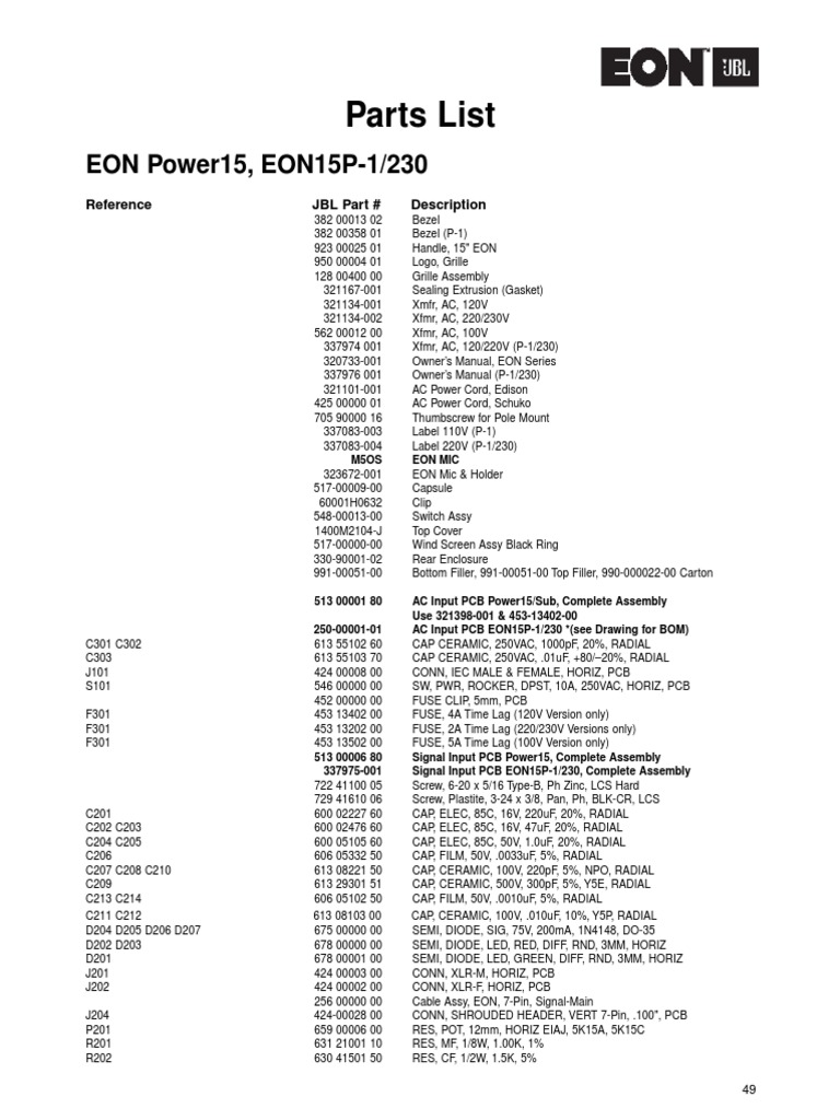 EON Power 15 - 15P-1 Parts List | PDF | Electronic Engineering ...