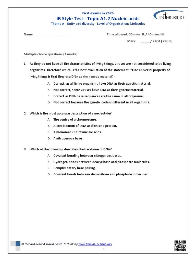 IB Biology HL 2025: Nucleic Acids Test | PDF | Dna | Nucleic Acids