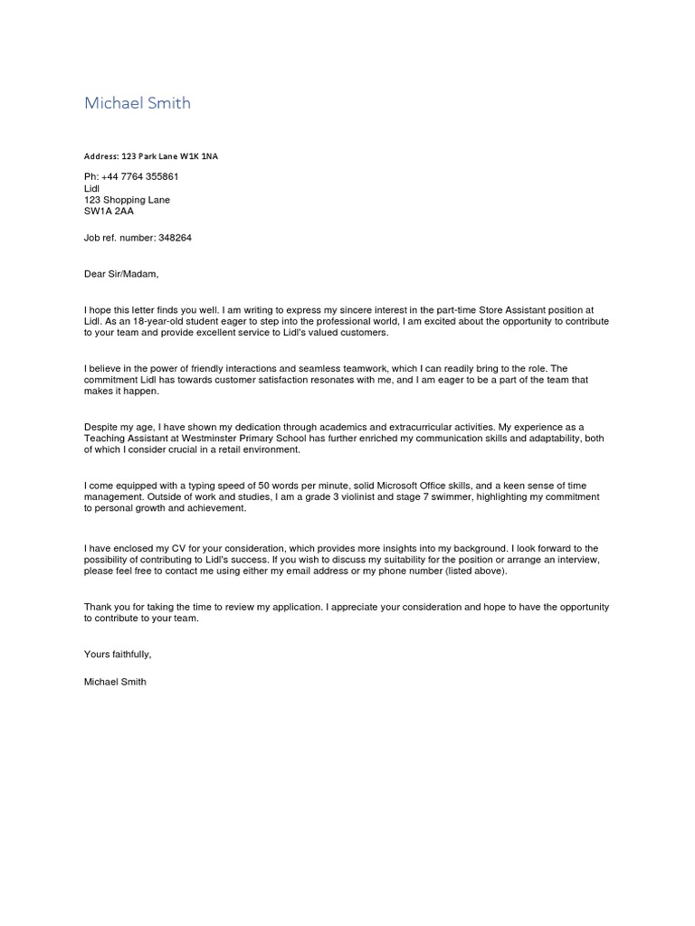 Lidl Cover Letter Example PDF