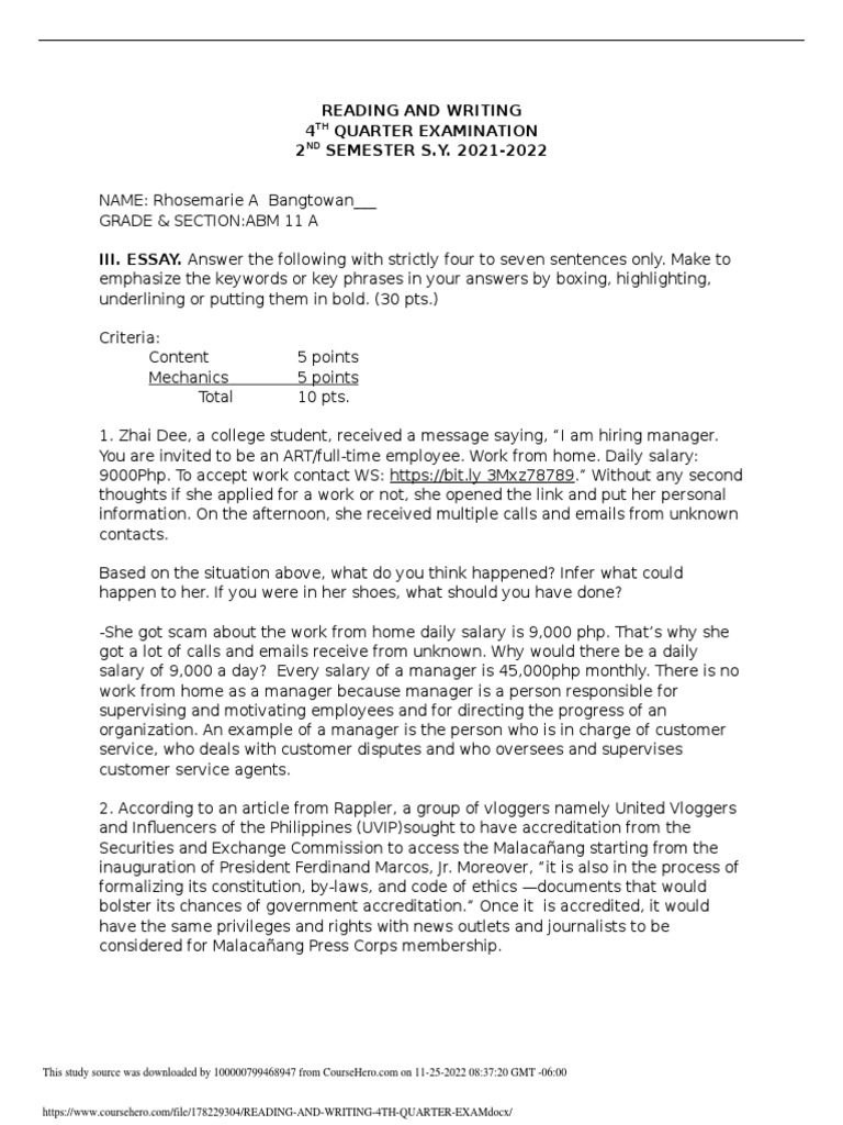 Reading and Writing 4TH Quarter Exam PDF News Media News