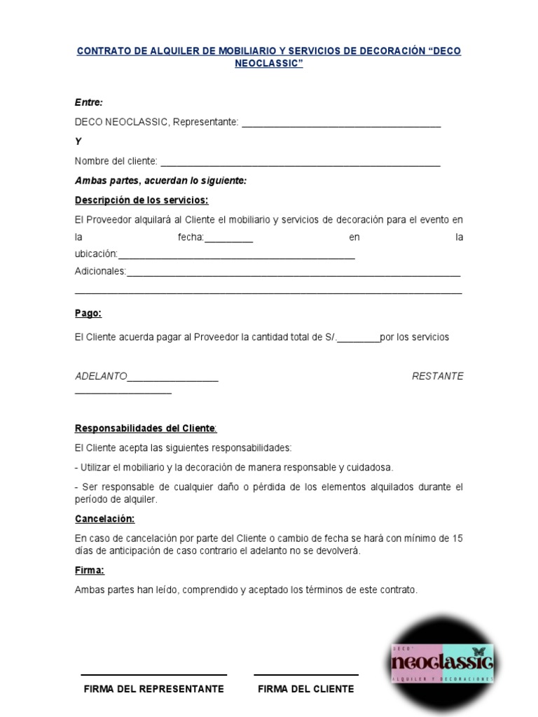 Contrato de Alquiler de Mobiliario y Servicios de Decoración | PDF