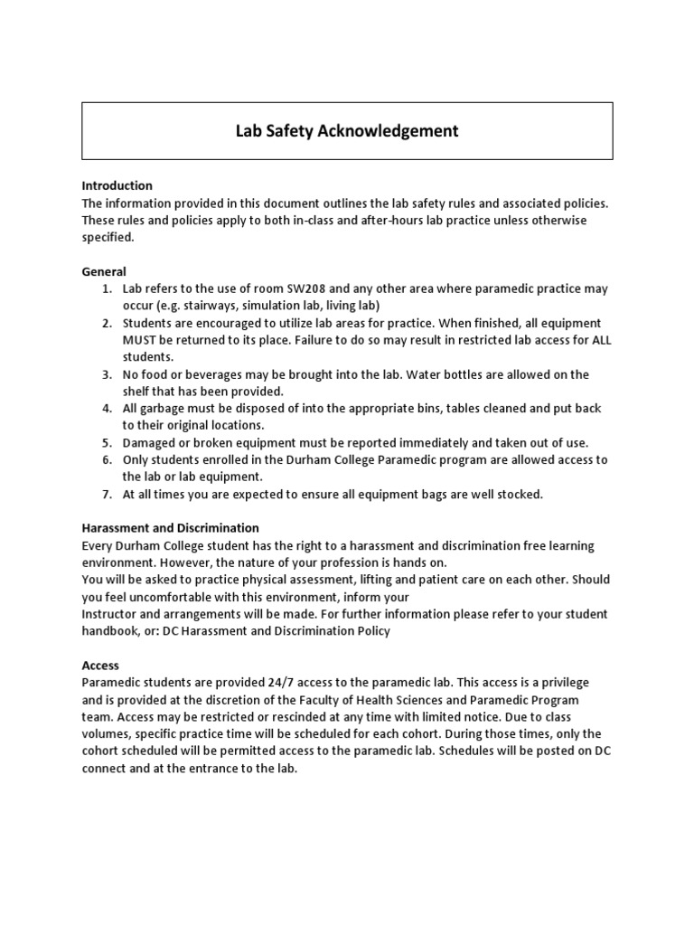 Lab Safety Rules and Acknowledgment | PDF | Paramedic