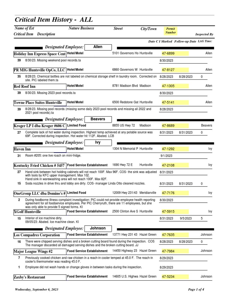 Critical Item Inspection Summary | PDF | Food And Drink | Foods