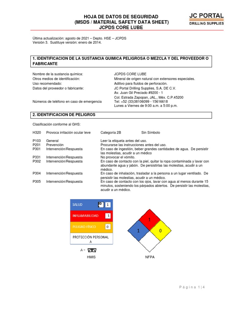 Ficha de Seguridad JCPDS Core Lube | PDF | Agua | Materiales