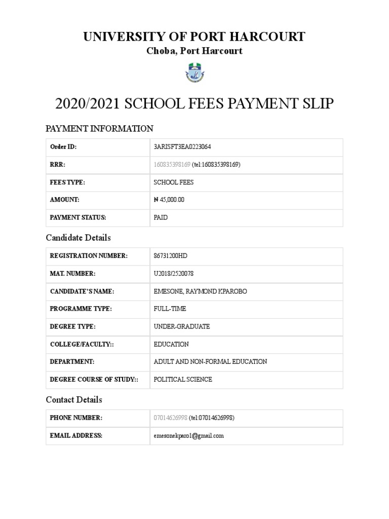 University of Port Harcourt Fees Slip | PDF