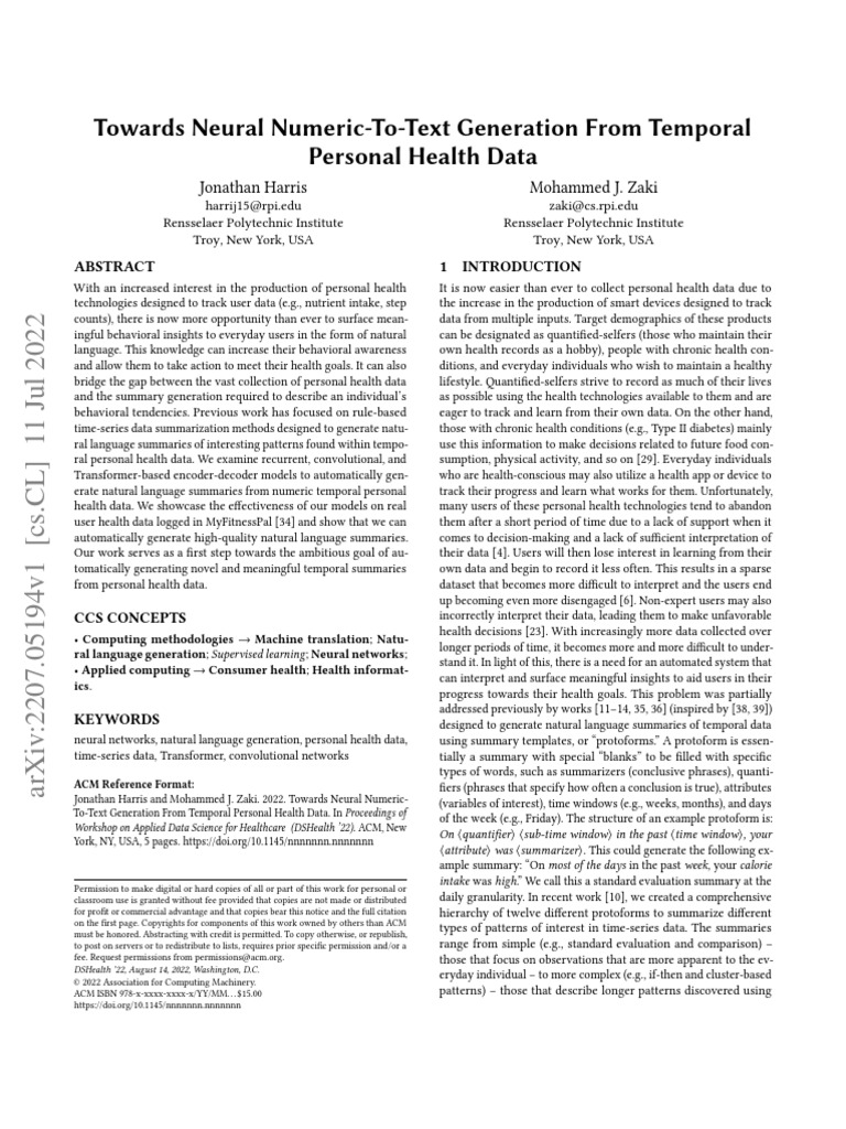 Towards neural numeric to text generation from temporal personal health